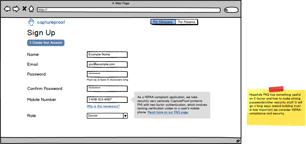 Balsamiq mockup of sign-up page